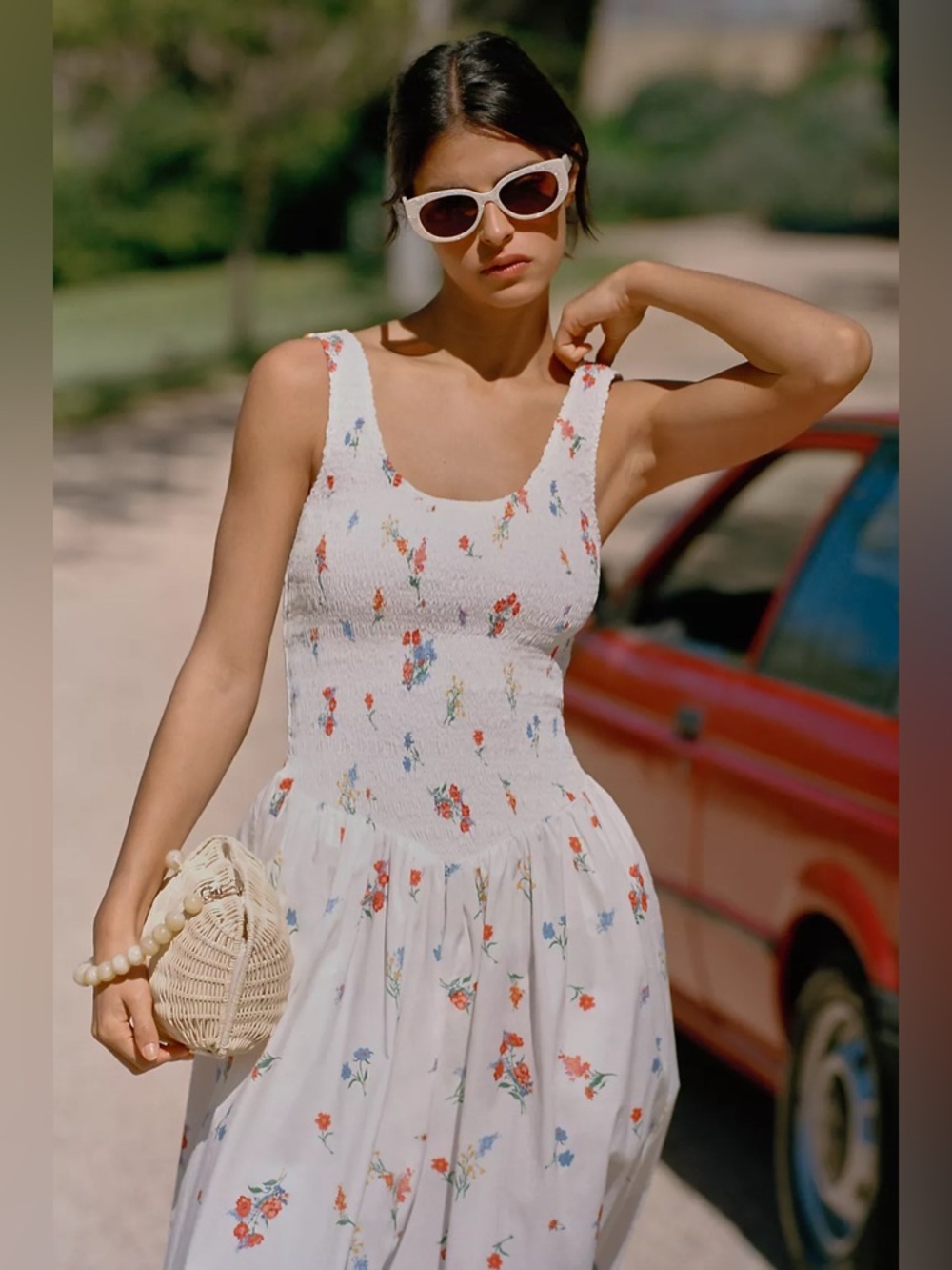 Anthropologie WAYF Drop-Waist Sleeveless Midi Dress White Floral Print Medium